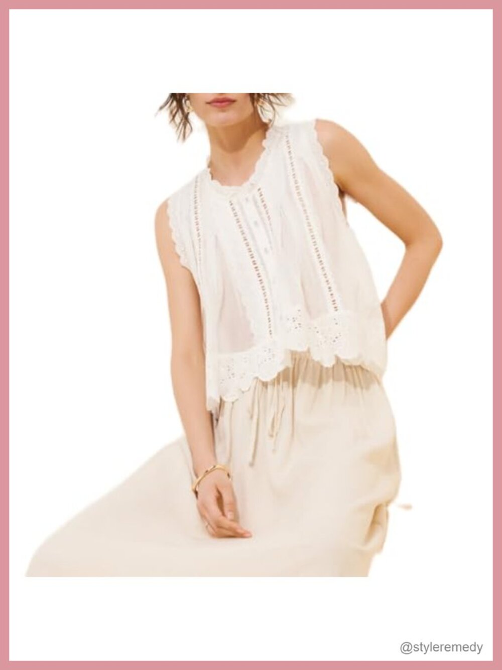 Sleeveless Eyelet Lace Patchwork Button Down Vest Top Scallop Hem Boho